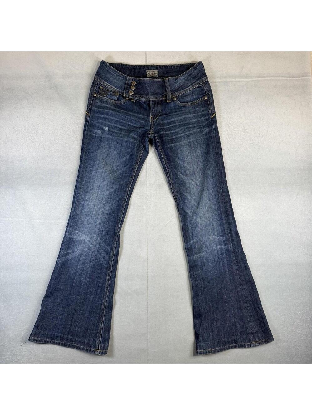 VTG Y2K REROCK for Express Flare Jeans Womens 6 Blue Low Rise Triple Button